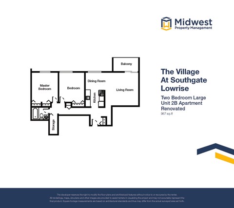 Floor plan for 2 beds, 1 bath, 967 sqft