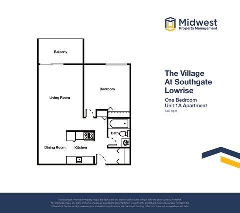 Floor plan for 1 bed, 1 bath, 646 sqft