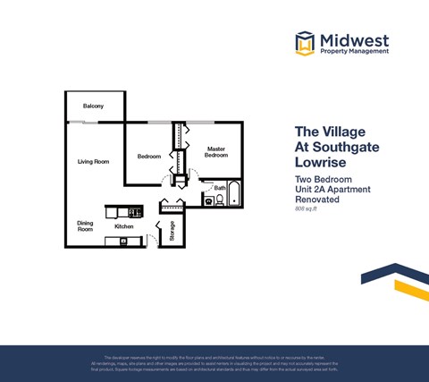 Floor plan for 2 beds, 1 bath, 808 sqft