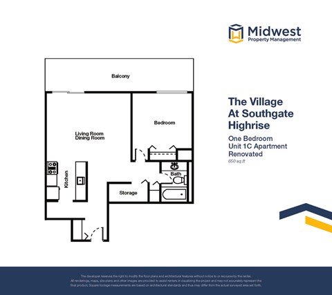 Floor plan for 1 bed, 1 bath, 650 sqft
