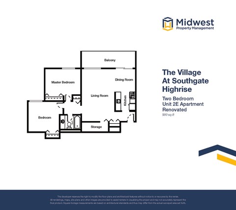 Floor plan for 2 beds, 1 bath, 900 sqft