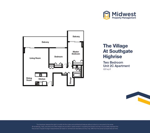 Floor plan for 2 beds, 1 bath, 820 sqft