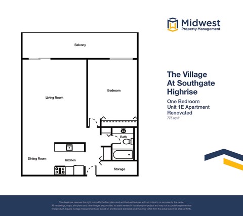 Floor plan for 1 bed, 1 bath, 775 sqft