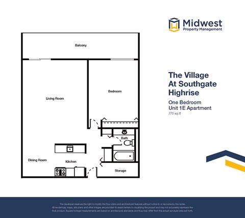 Floor plan for 1 bed, 1 bath, 775 sqft
