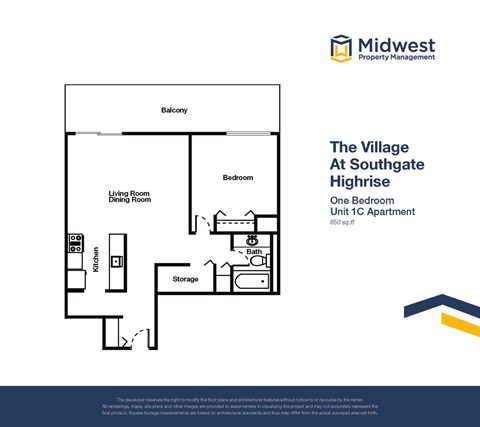 Floor plan for 1 bed, 1 bath, 650 sqft
