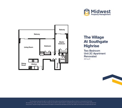 Floor plan for 2 beds, 1 bath, 820 sqft