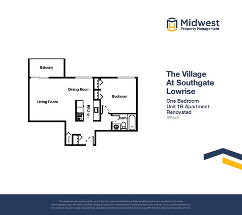 Floor plan for 1 bed, 1 bath, 700 sqft