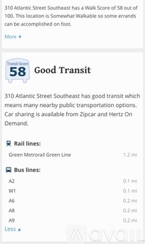 Washington apartment for rent - A screen shows a Walk Score of 58 for 310 Atlantic Street Southeast.