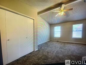 Texarkana apartment for rent - A room with a ceiling fan and a carpeted floor.