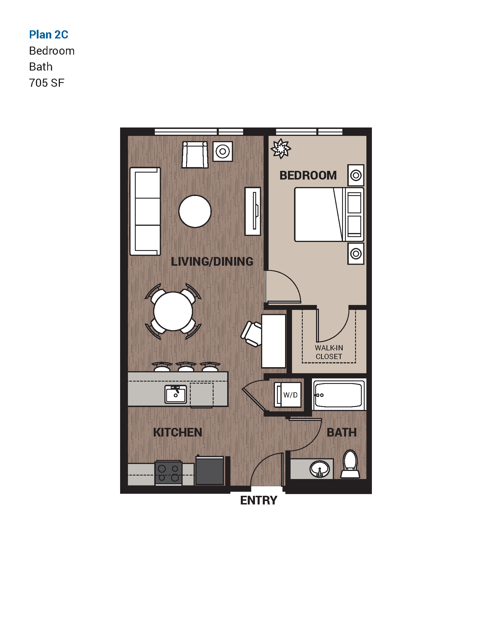 Floor plan for 1 bed, 1 bath, 705 sqft