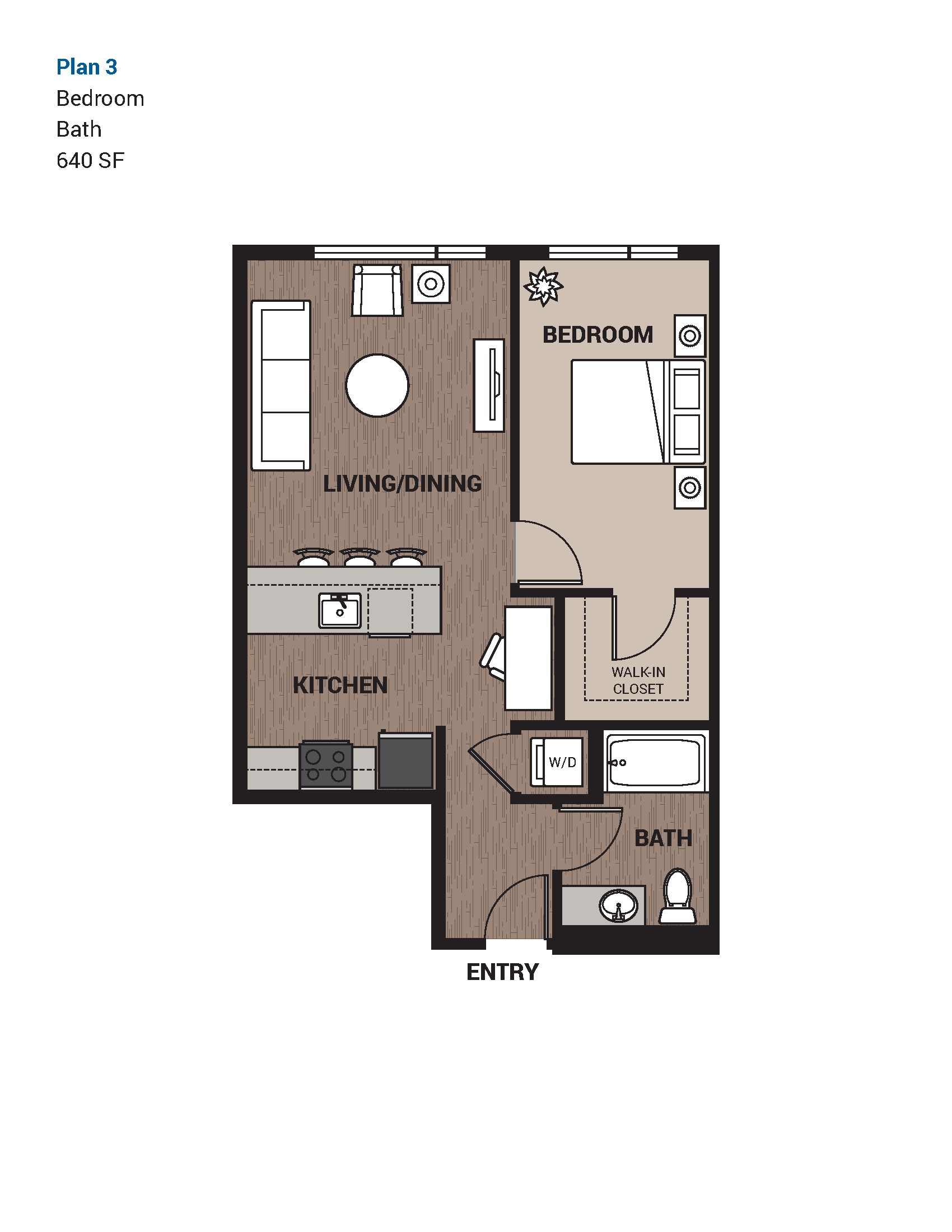Floor plan for 1 bed, 1 bath, 640 sqft
