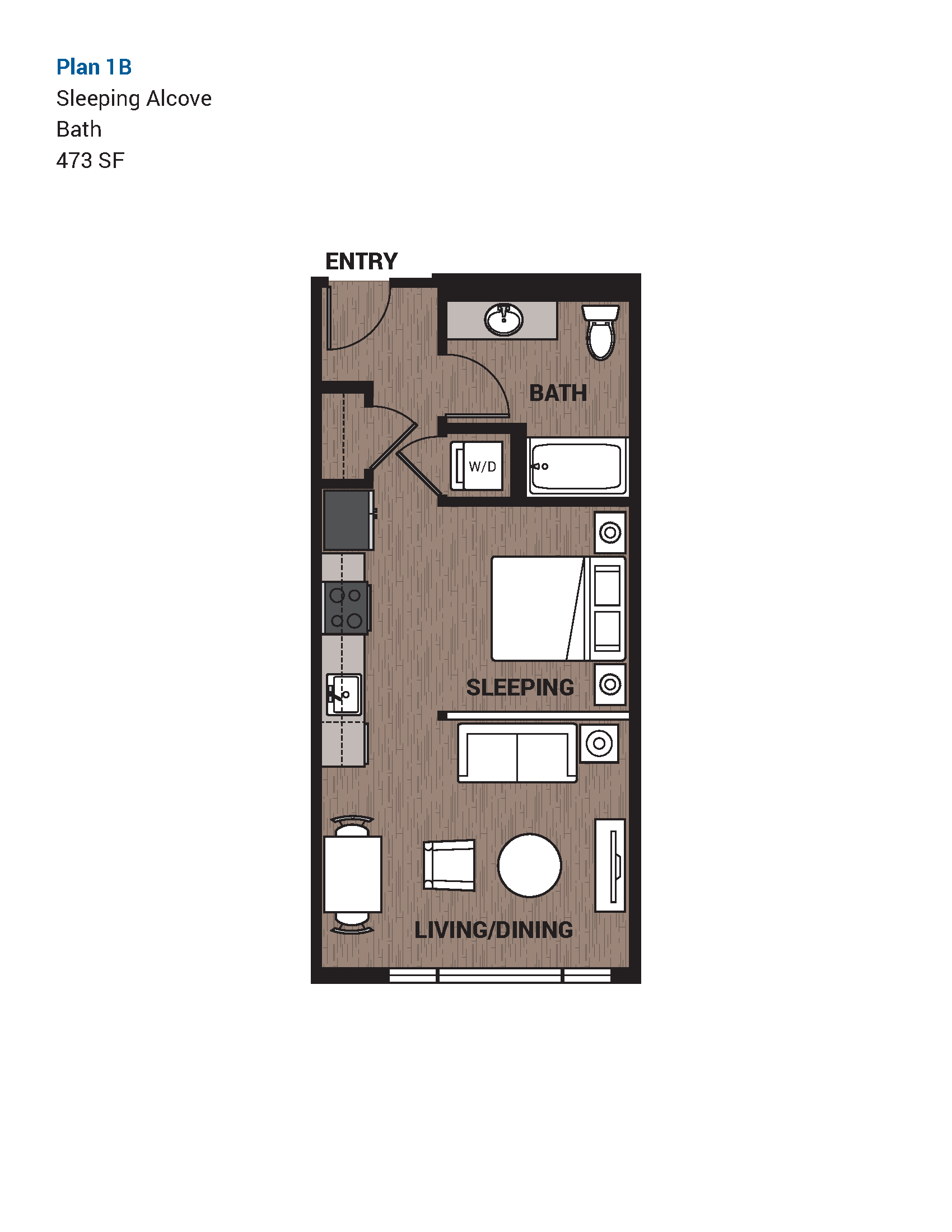Floor plan for studio, 1 bath, 473 sqft