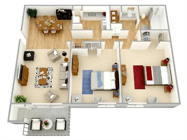 Floor plan for 2 beds, 1 bath, 1015 sqft