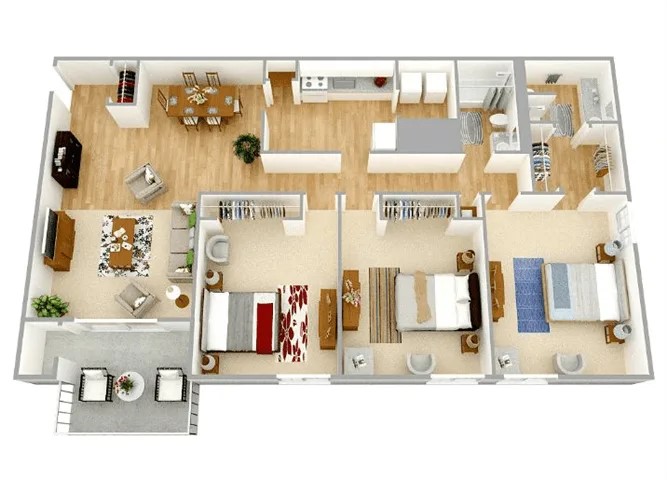 Floor plan for 3 beds, 2 baths, 1350 sqft