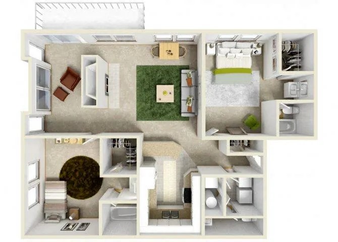 Floor plan for 2 beds, 2.5 baths, 1222 sqft