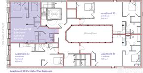 Portland apartment for rent - A floor plan of an apartment complex with four apartments, each with different numbers of bedrooms and sizes.