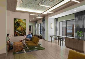Nashville apartment for rent - Modern lounge with contemporary artwork, casual seating, and natural textures.
