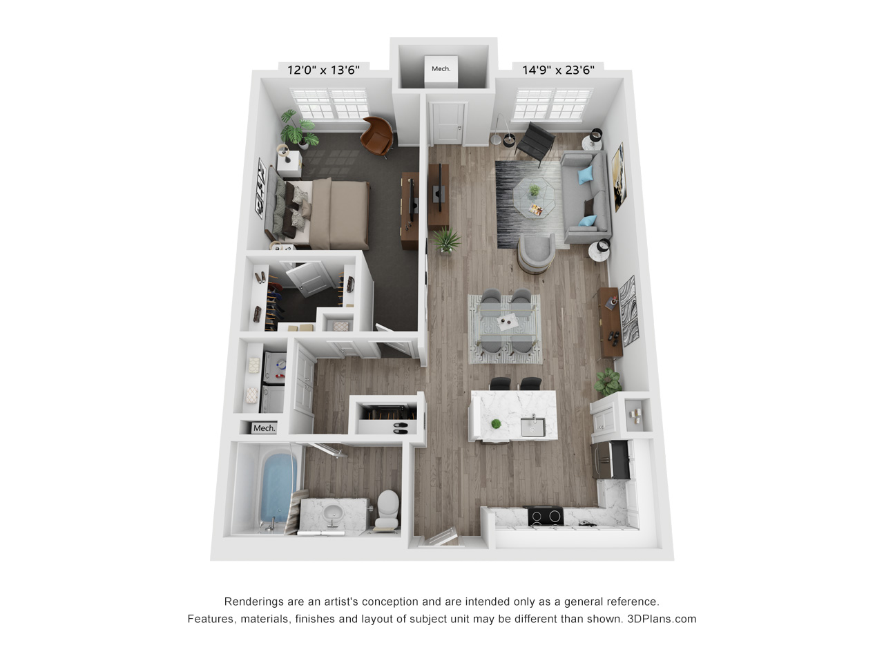 Floor plan for 1 bed, 1 bath, 1001 sqft