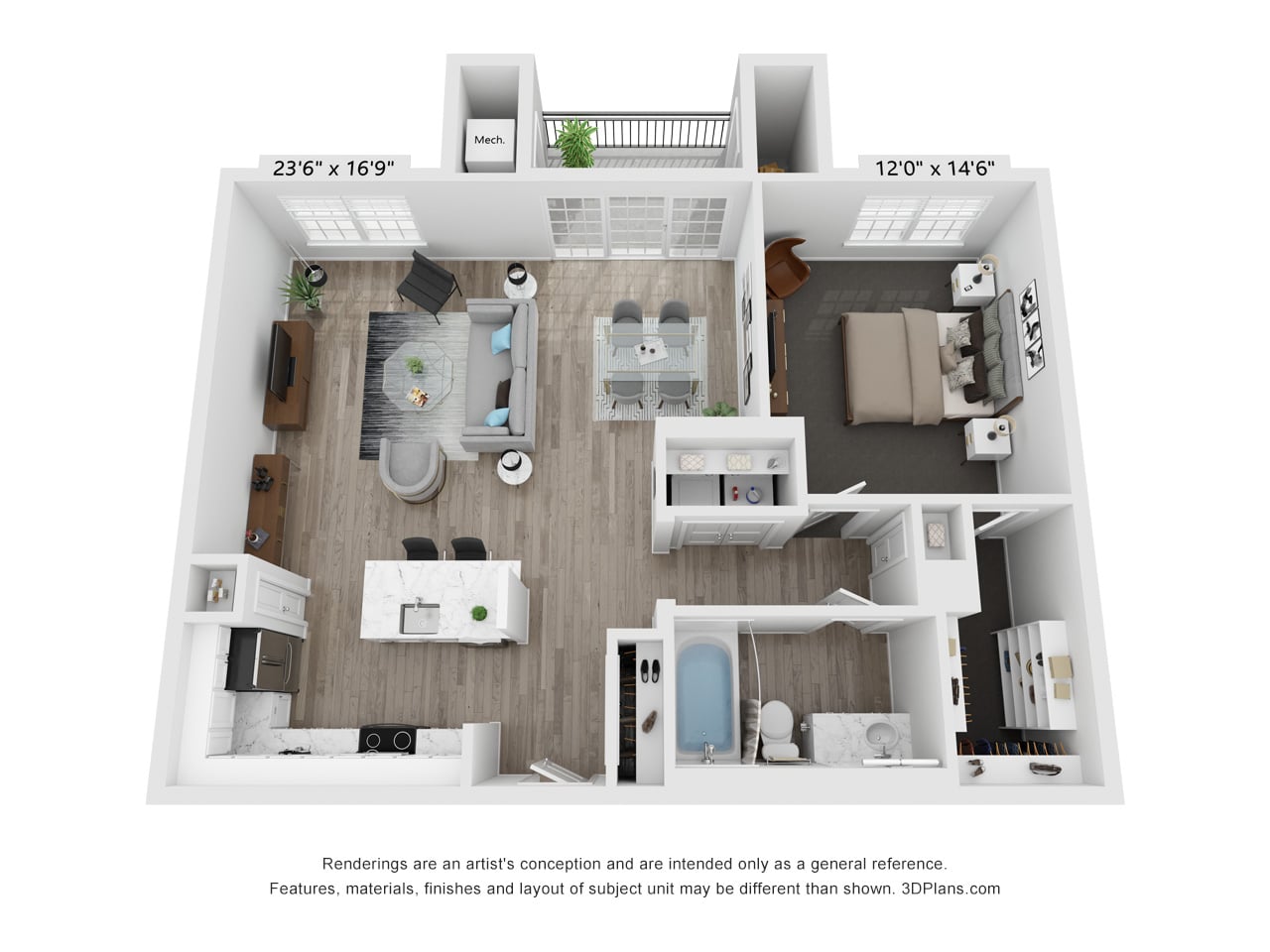 Floor plan for 1 bed, 1 bath, 1001 sqft