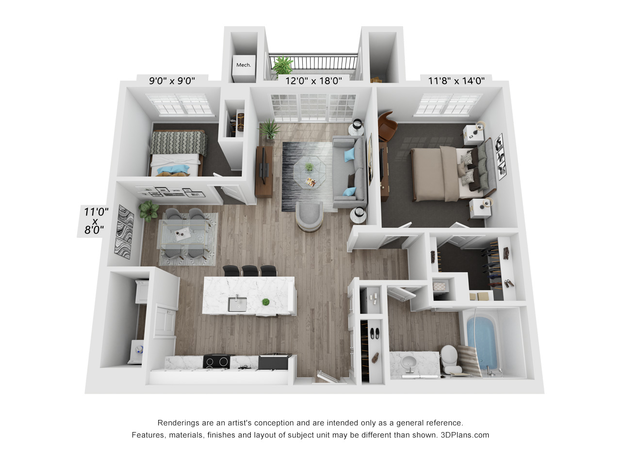 Floor plan for 2 beds, 1 bath, 1045 sqft
