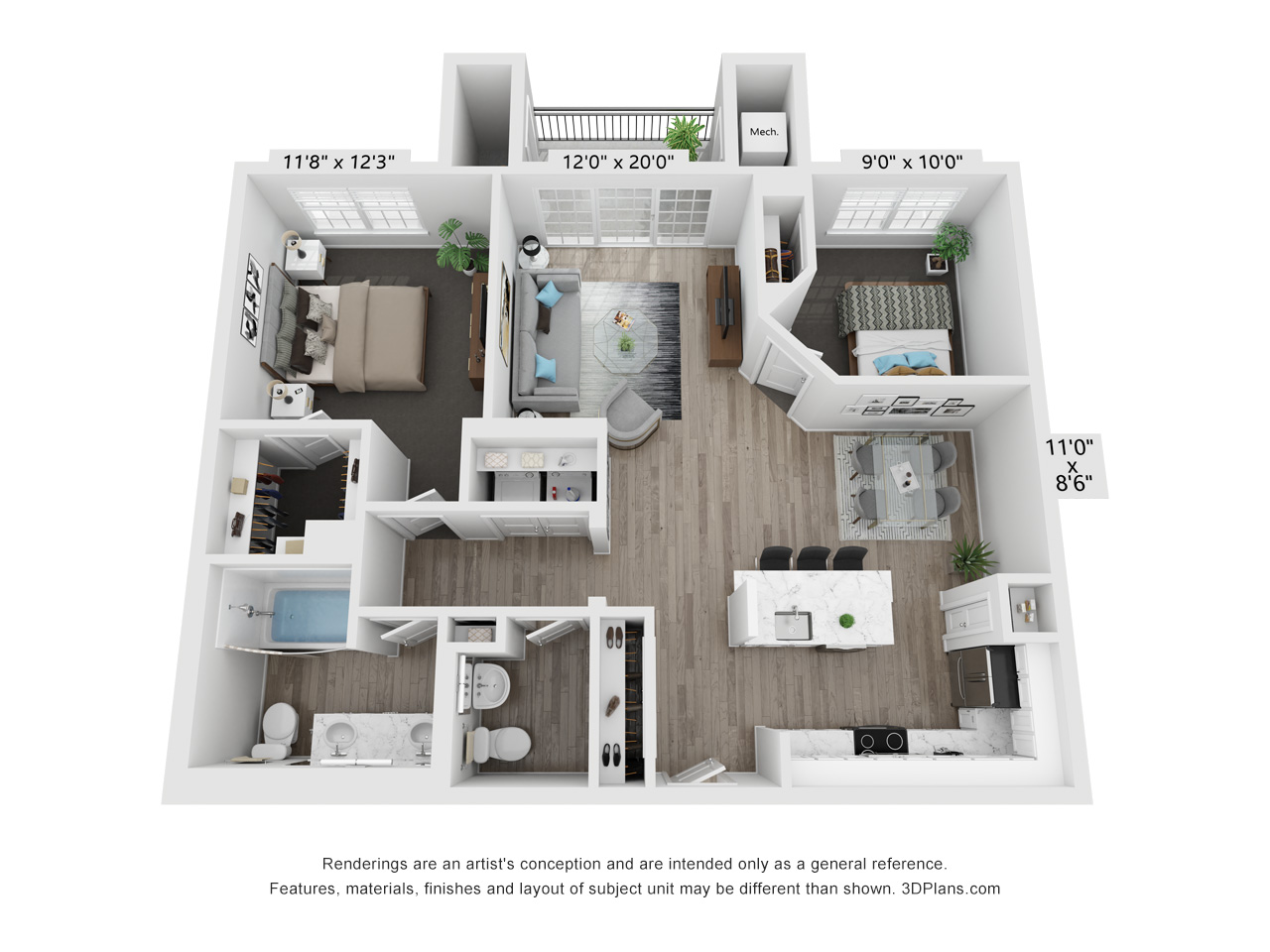 Floor plan for 2 beds, 2 baths, 1064 sqft
