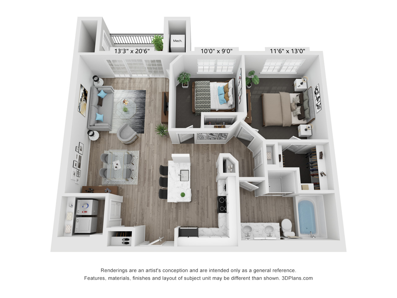 Floor plan for 2 beds, 1 bath, 1045 sqft
