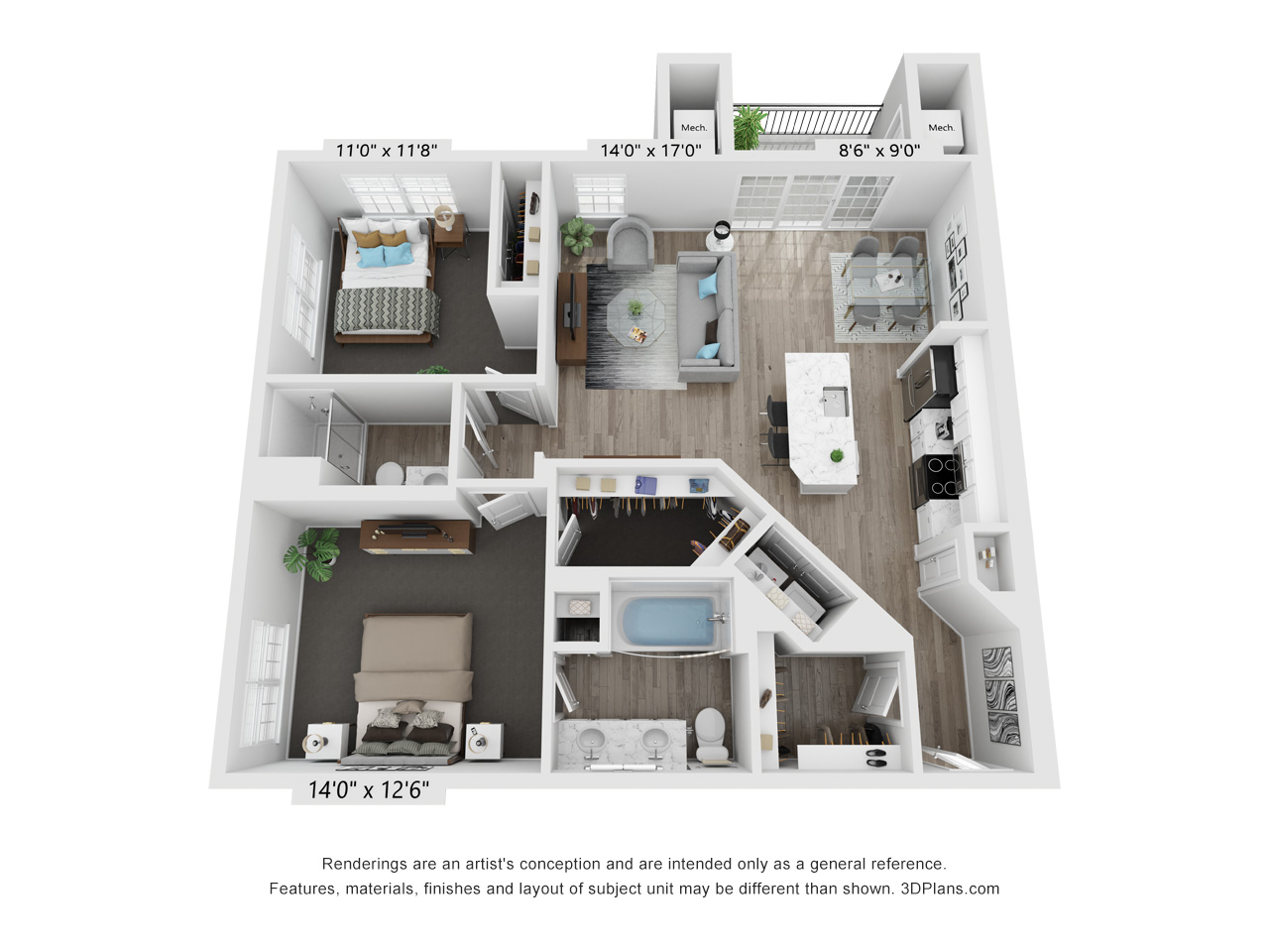 Floor plan for 2 beds, 2 baths, 1203 sqft