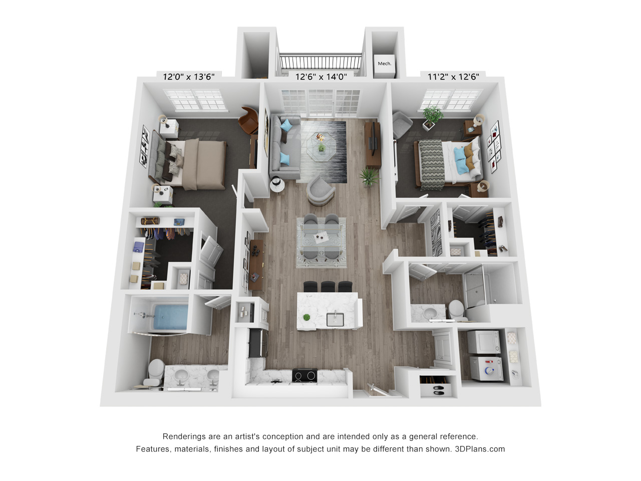 Floor plan for 2 beds, 2 baths, 1203 sqft