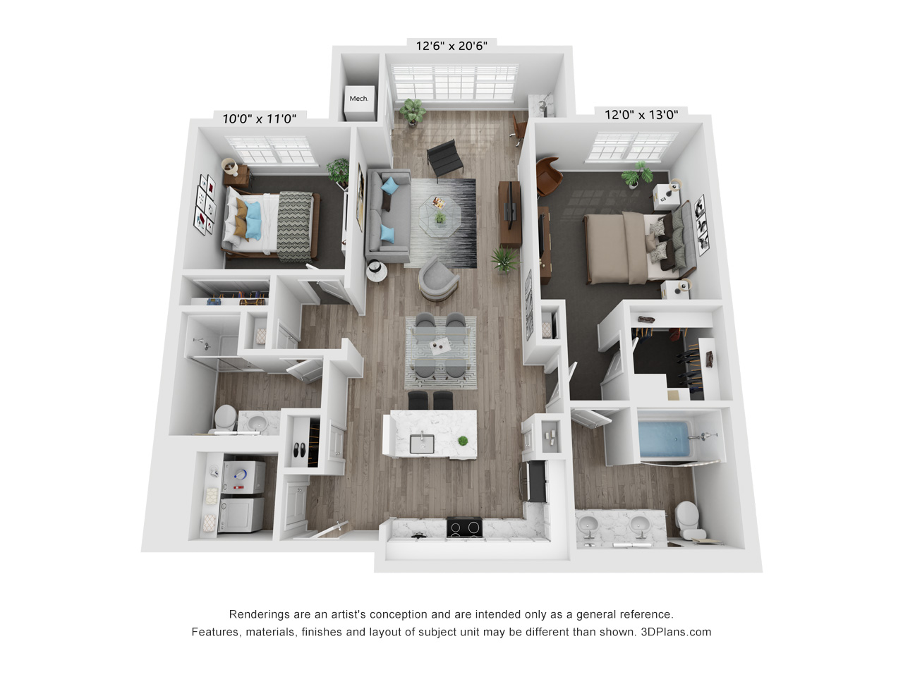 Floor plan for 2 beds, 2 baths, 1216 sqft