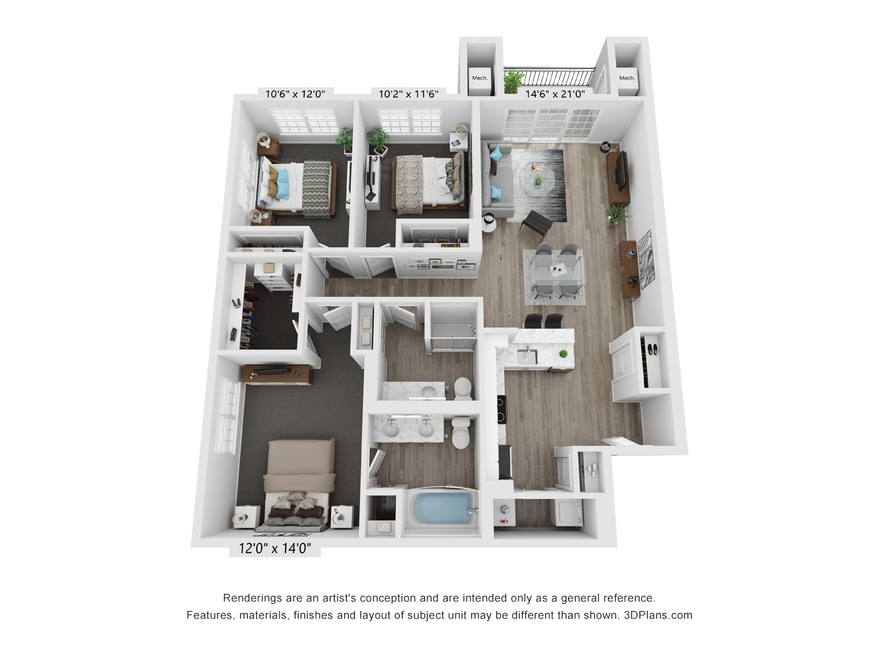 Floor plan for 3 beds, 2 baths, 1402 sqft