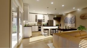 Luxemburg apartment for rent - A modern kitchen with a bar area and a living room area.
