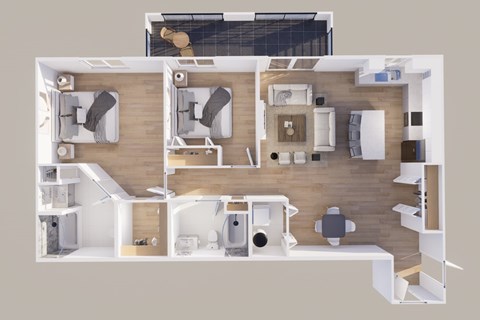 Floor plan for 2 beds, 2 baths, 1270 sqft