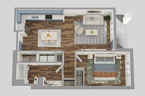 Dallas apartment for rent - A top-down view of a house layout with a kitchen, living room, and two bedrooms.