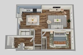 Dallas apartment for rent - A top-down view of a house layout with two bedrooms, a living room, a kitchen, and a bathroom.