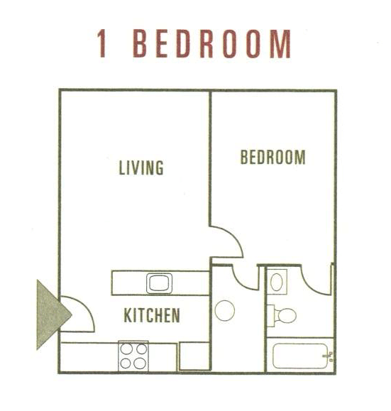 Floor plan for 1 bed, 1 bath, 600 sqft