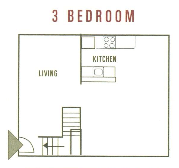 Floor plan for 3 beds, 1 bath, 1044 sqft