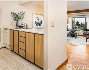 Seattle condo for rent - A kitchen with wooden cabinets and a plant on the counter.