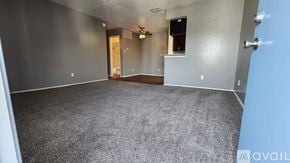 Dallas apartment for rent - A spacious room with grey carpeting and a ceiling fan.