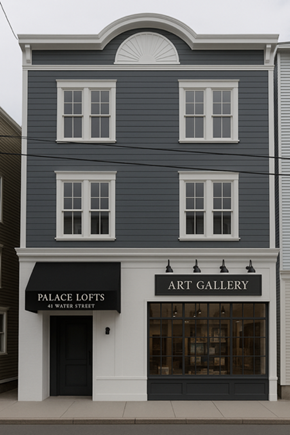 Pictou apartment for rent - A two story building with a black awning that says Palace Lofts Art Gallery.