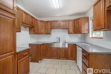 Kalamazoo house for rent - A kitchen with wooden cabinets and a marble countertop.