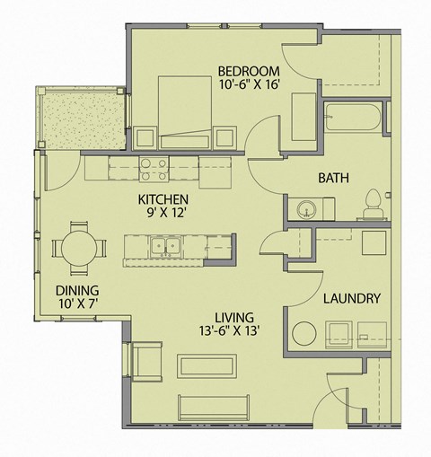 Floor plan for 1 bed, 1 bath, 693 sqft