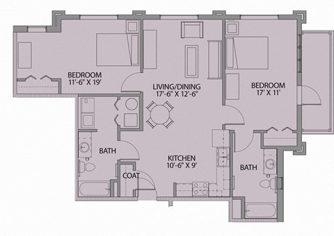 Floor plan for 2 beds, 1 bath, 1205 sqft