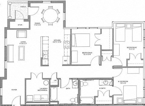 Floor plan for 3 beds, 2 baths, 1381 sqft