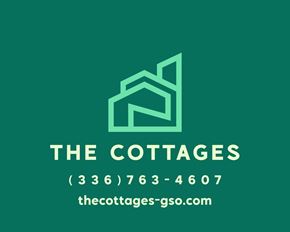 Greensboro apartment for rent - A logo for "The Cottages" with a house icon and contact information.