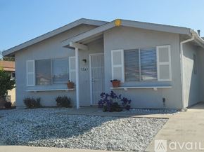Oceanside house for rent - A house with a white facade and a grey roof with a small garden in front.
