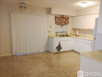 Deltona house for rent - A kitchen with white cabinets and a beige carpet.