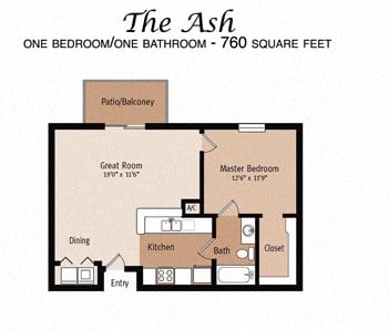 Floor plan for 1 bed, 1 bath, 760 sqft