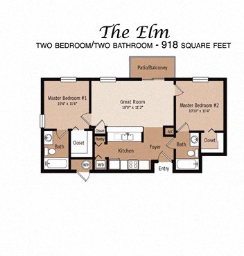 Floor plan for 2 beds, 2 baths, 918 sqft