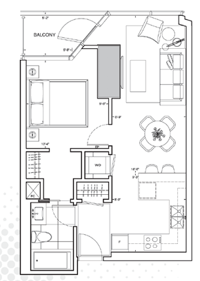 Edmonton apartment for rent - A floor plan of a house with a balcony, living room, dining area, kitchen, and bathroom.
