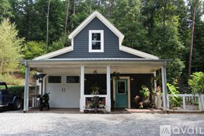 Lake Lure house for rent - A small house with a white door and a green door is surrounded by trees.